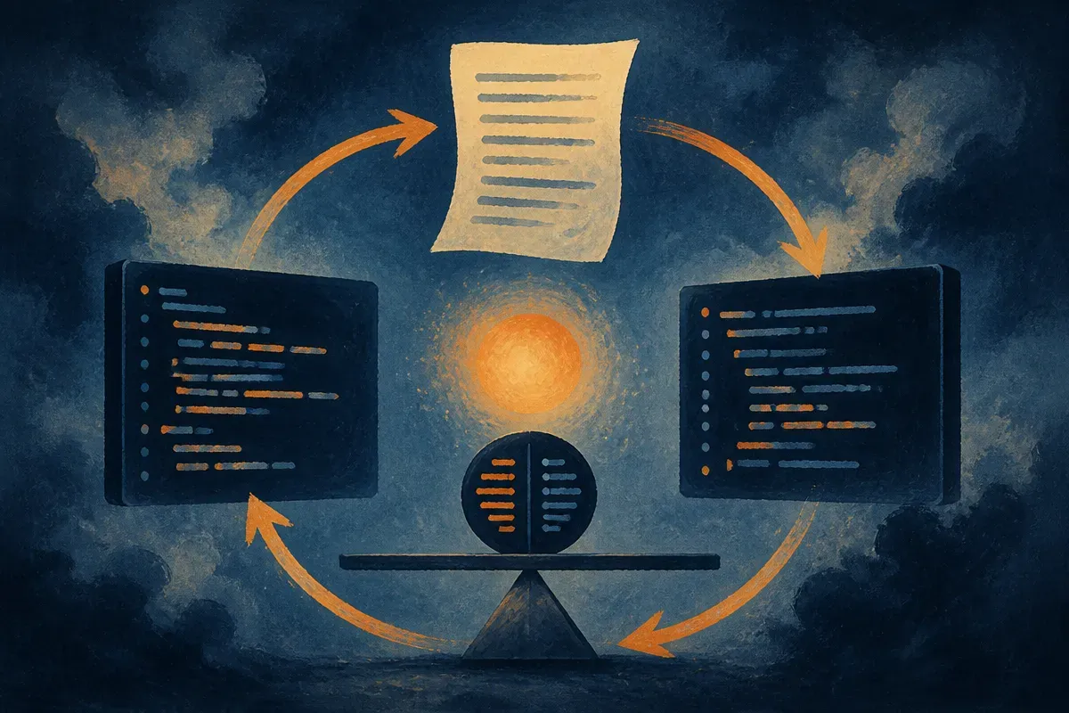 a loop where code becomes a written description and the description becomes code again, with the two code versions compa