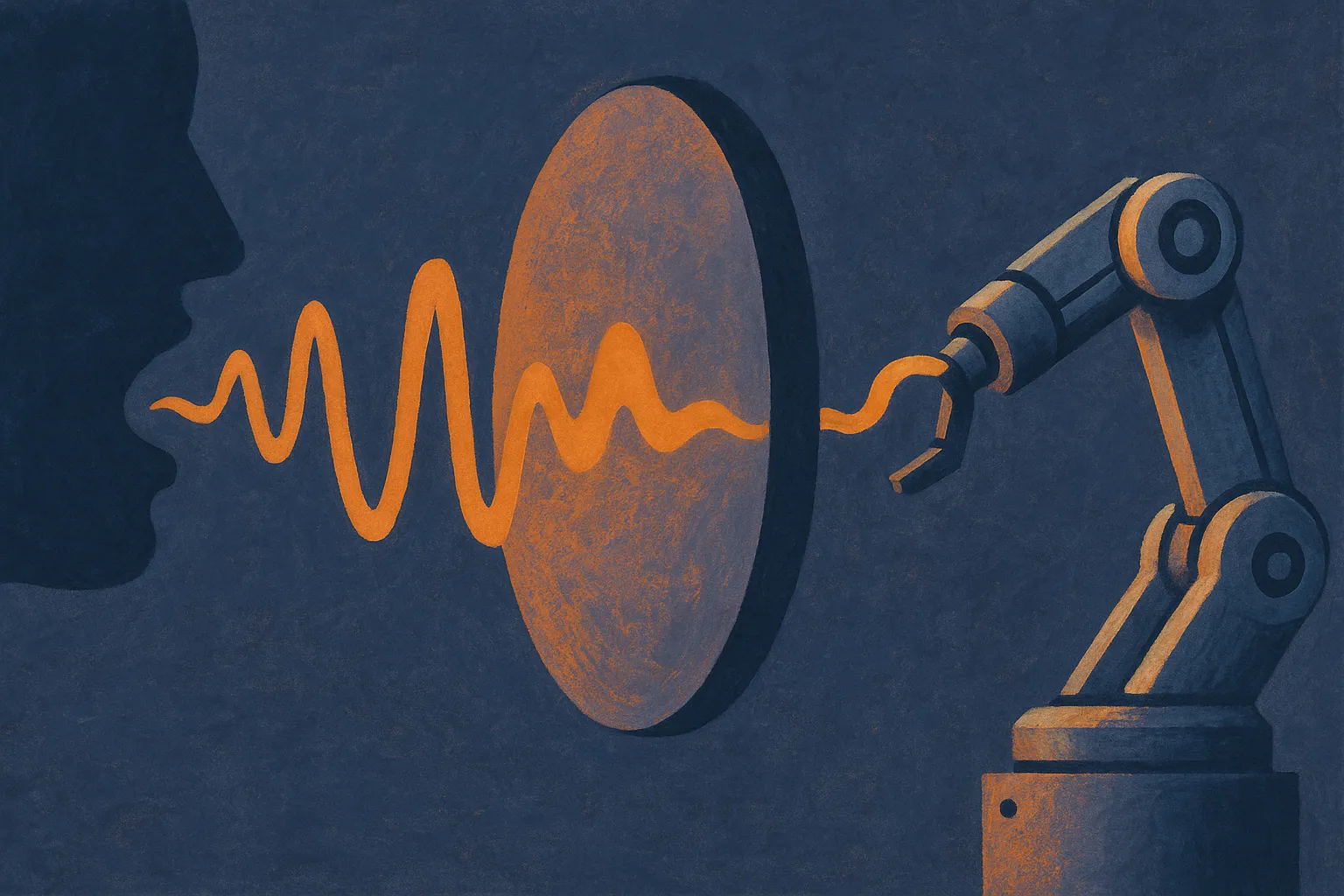 a spoken sound wave passing through a distorting lens and arriving at a mechanical arm as a subtly altered shape