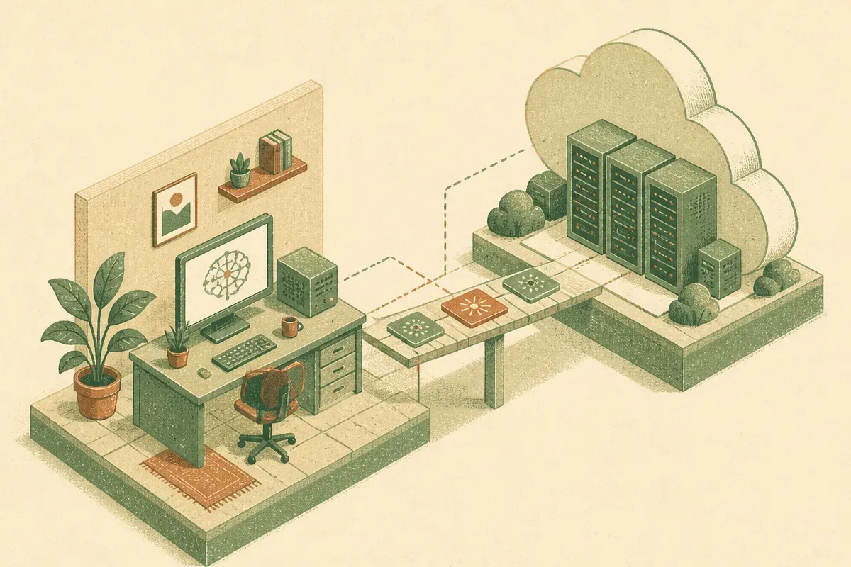 desktop workstation running a compact local model beside a cloud server, with a narrow bridge showing only selected task