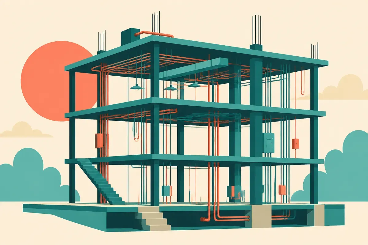 a cross-section of a building under construction where the pipes and wiring are visible but the walls are not yet instal