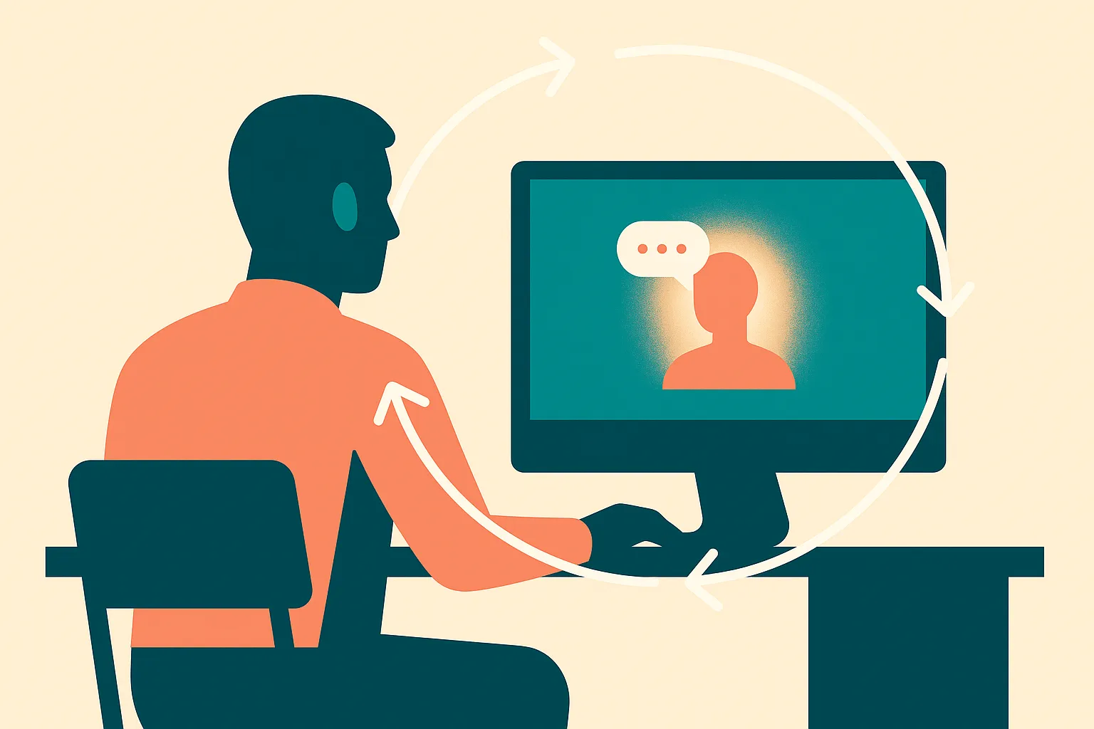 an employee alone at a desk facing a glowing assistant interface, with three faint feedback loops circling between the p
