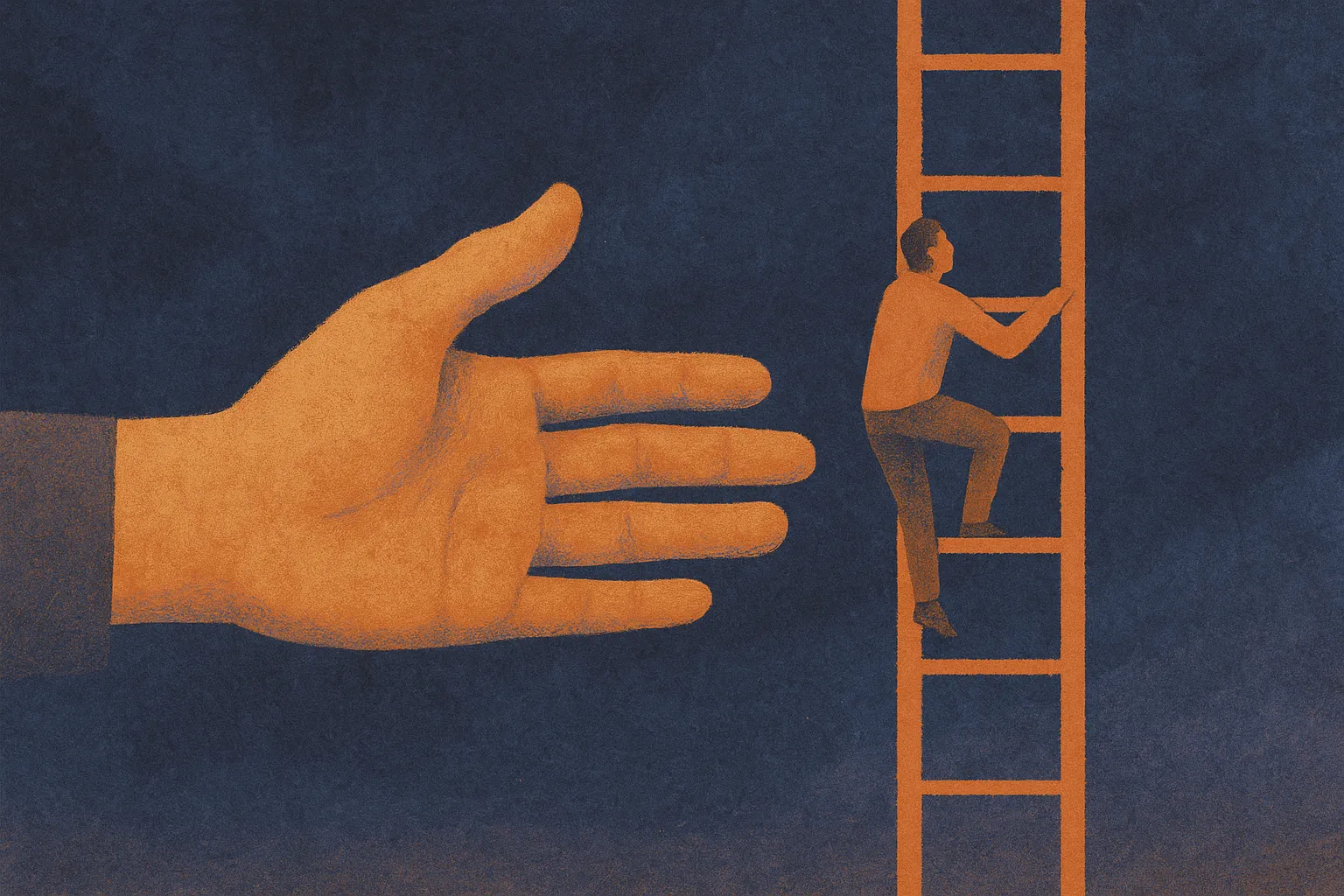 a hand reaching to steady someone climbing, then pulling back to let them climb alone