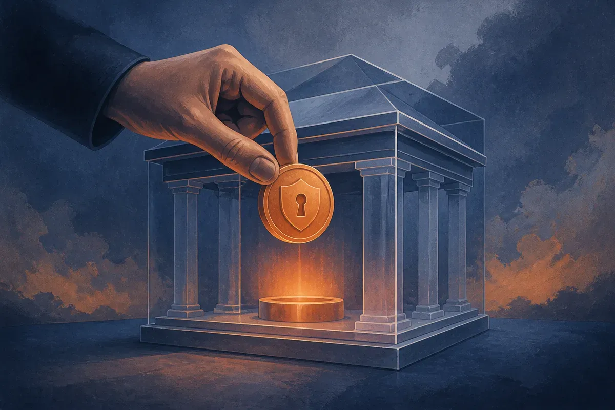 a privacy coin represented as a hidden core being placed inside a transparent institutional container