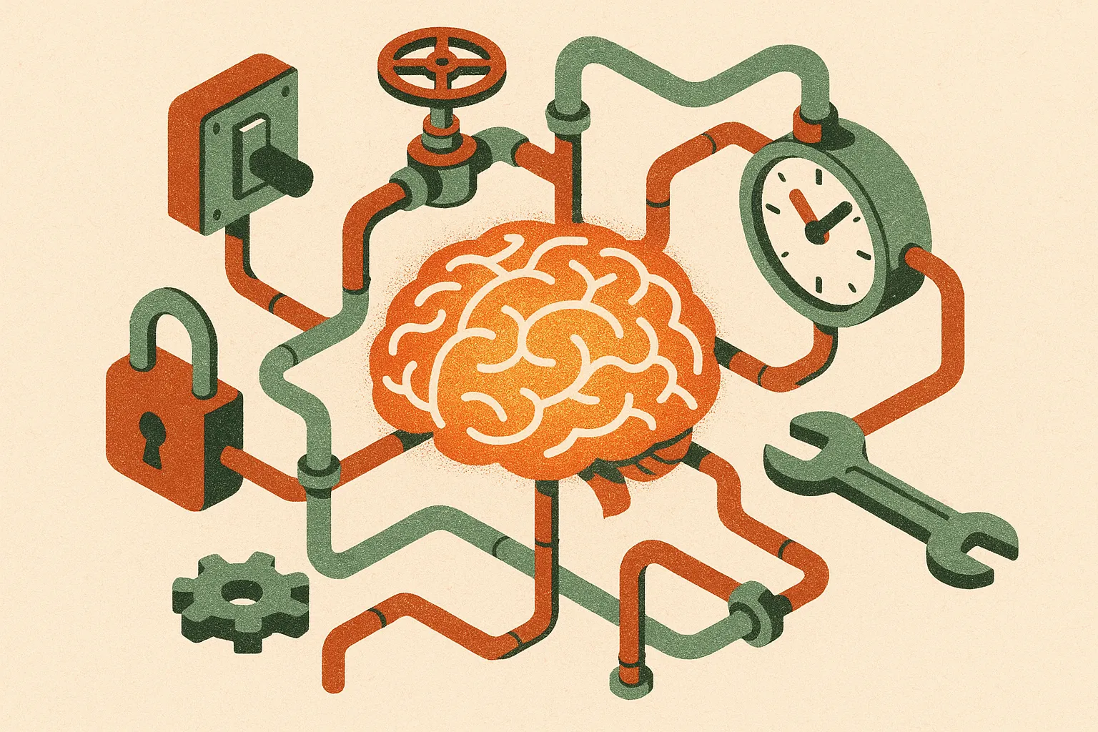 one glowing brain-shaped core surrounded by many practical system components like pipes, switches, locks, clocks, and to