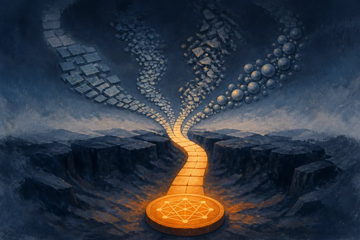several messy paths narrowing into one cheaper cryptographic transaction path