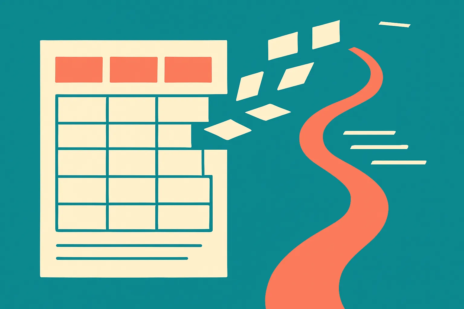 fragmented table cells drifting away from their surrounding headers while a separate path follows the original document 