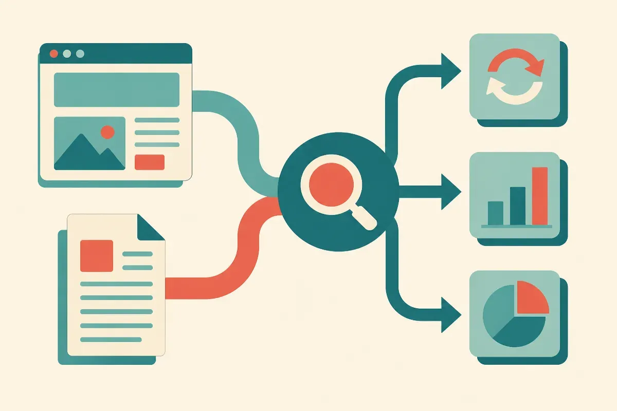a clean web page and a document file both flowing toward a search result, with the web page also branching into update, 