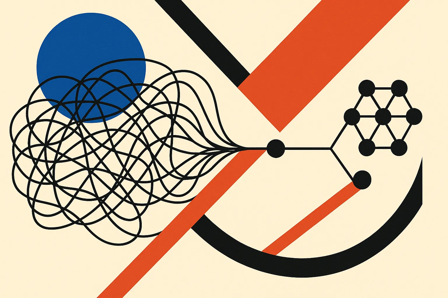 a tangled web of possible neural network paths being narrowed by a geometric constraint into one clean path toward a com