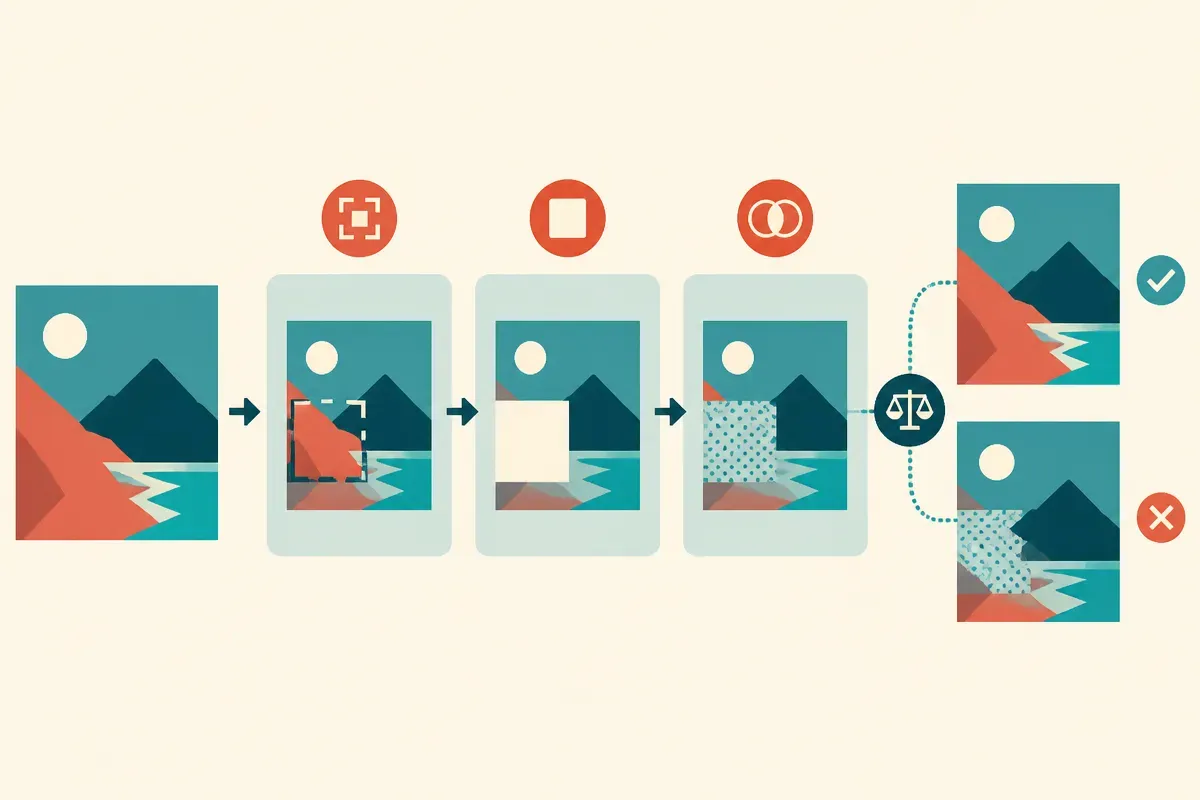 an image enters a three-step visual pipeline where one visible region is isolated, covered, and then compared against th
