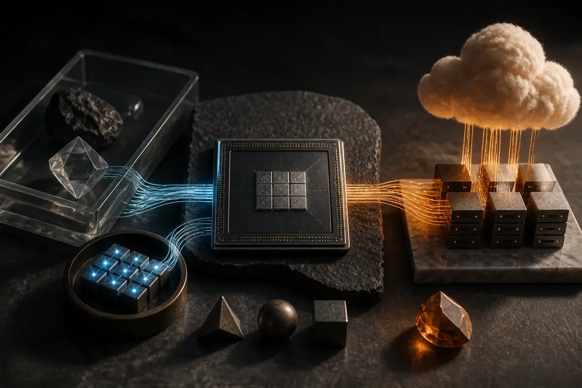 phone-sized chip splitting work between local memory, small specialist models, and a distant cloud cluster