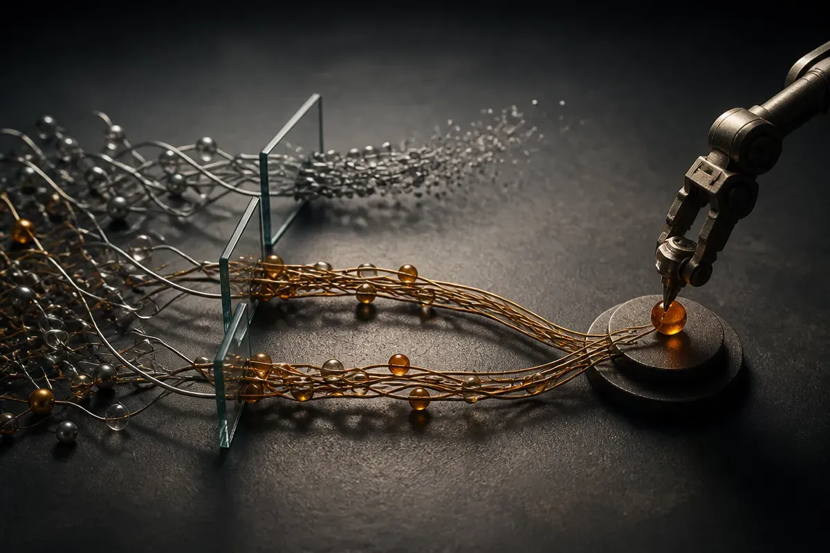 messy human robot trajectories flowing into three gates, with one path fading out and two paths converging into a robot