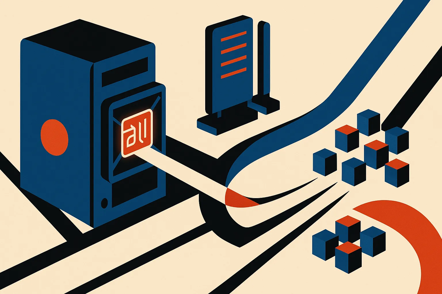 desktop machine with a compact glowing graphics card connected to large memory banks, both feeding separate clusters of