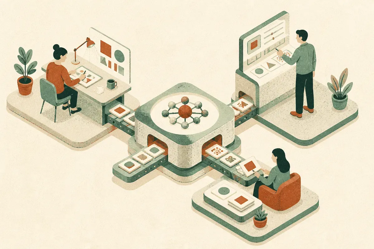 three different human work roles surrounding a central AI workflow hub, with one designing, one supervising, and one rec