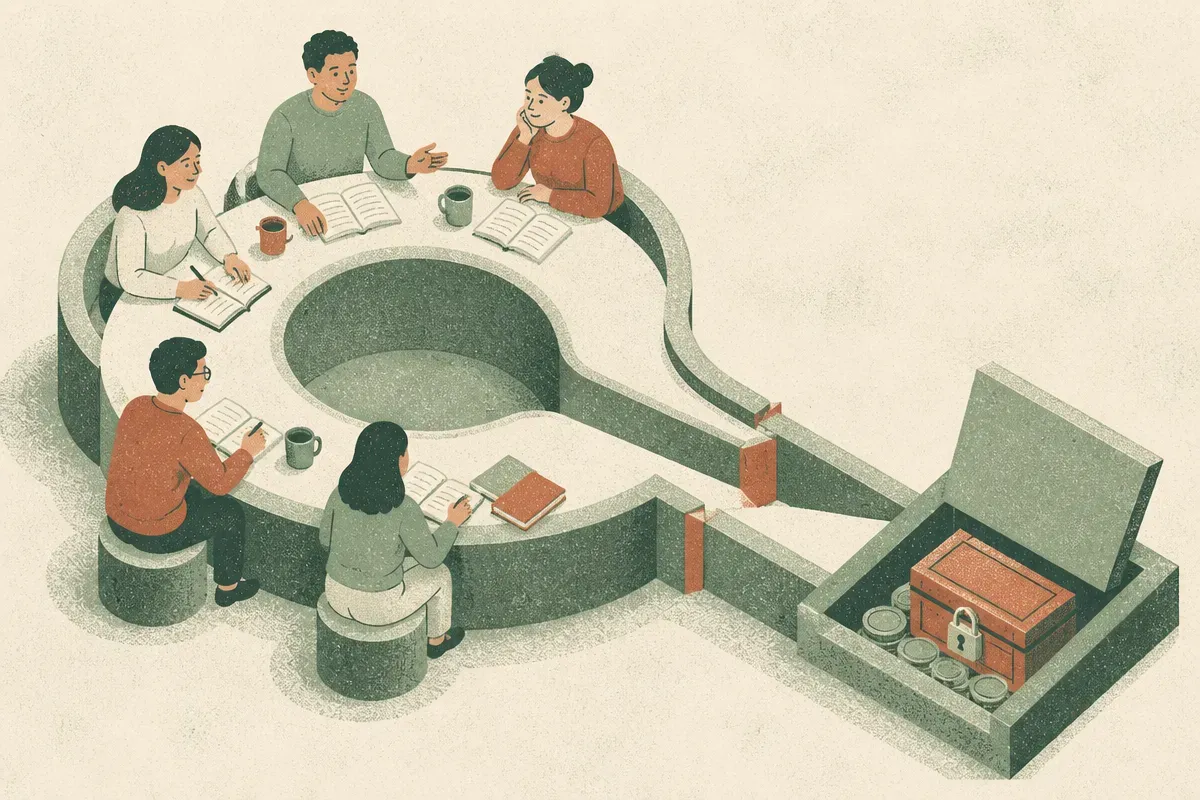 a friendly study circle gradually narrowing into a hidden locked box filled with coins