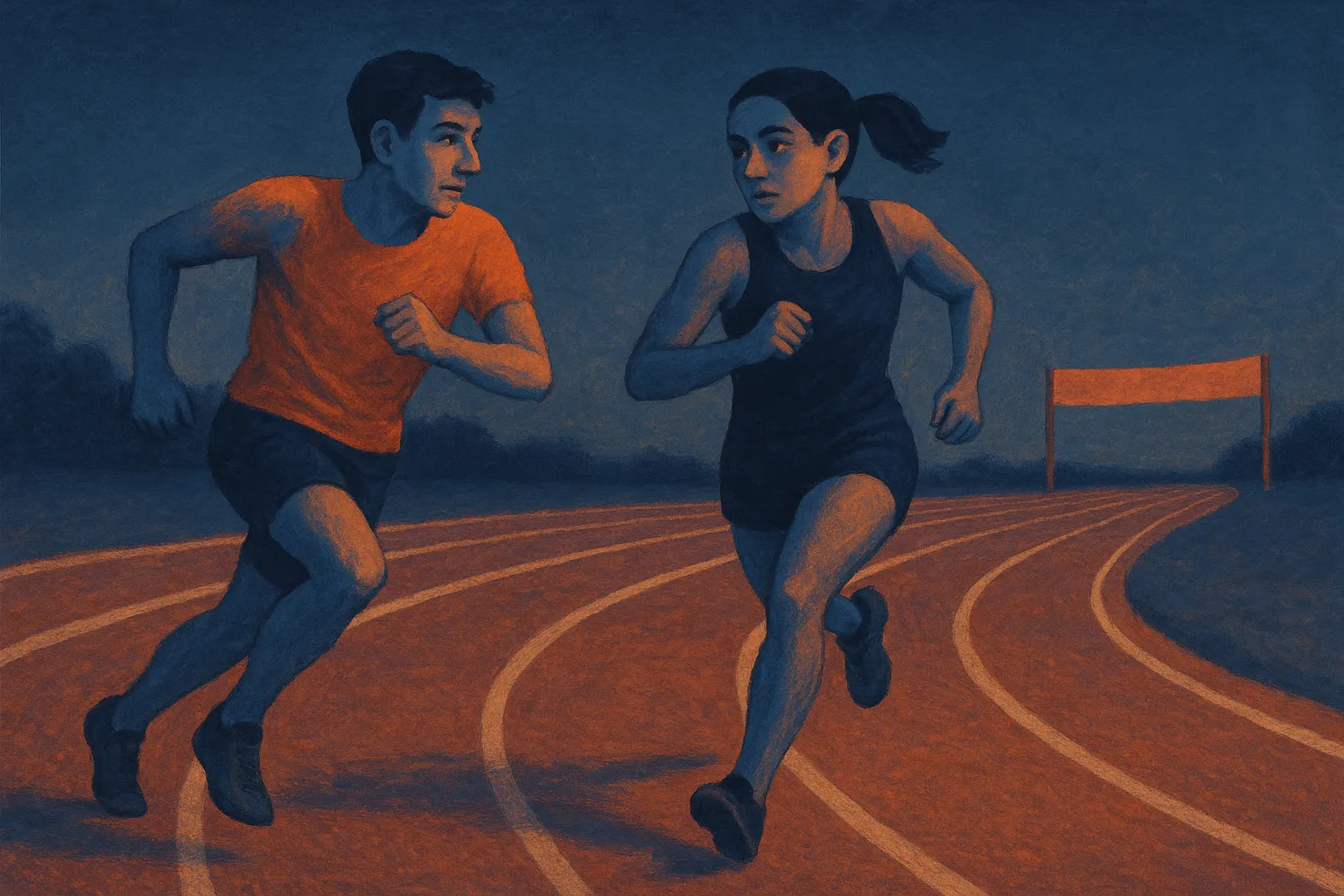 two runners on a track, each glancing sideways at the other while neither slows down, the finish line far ahead and out 