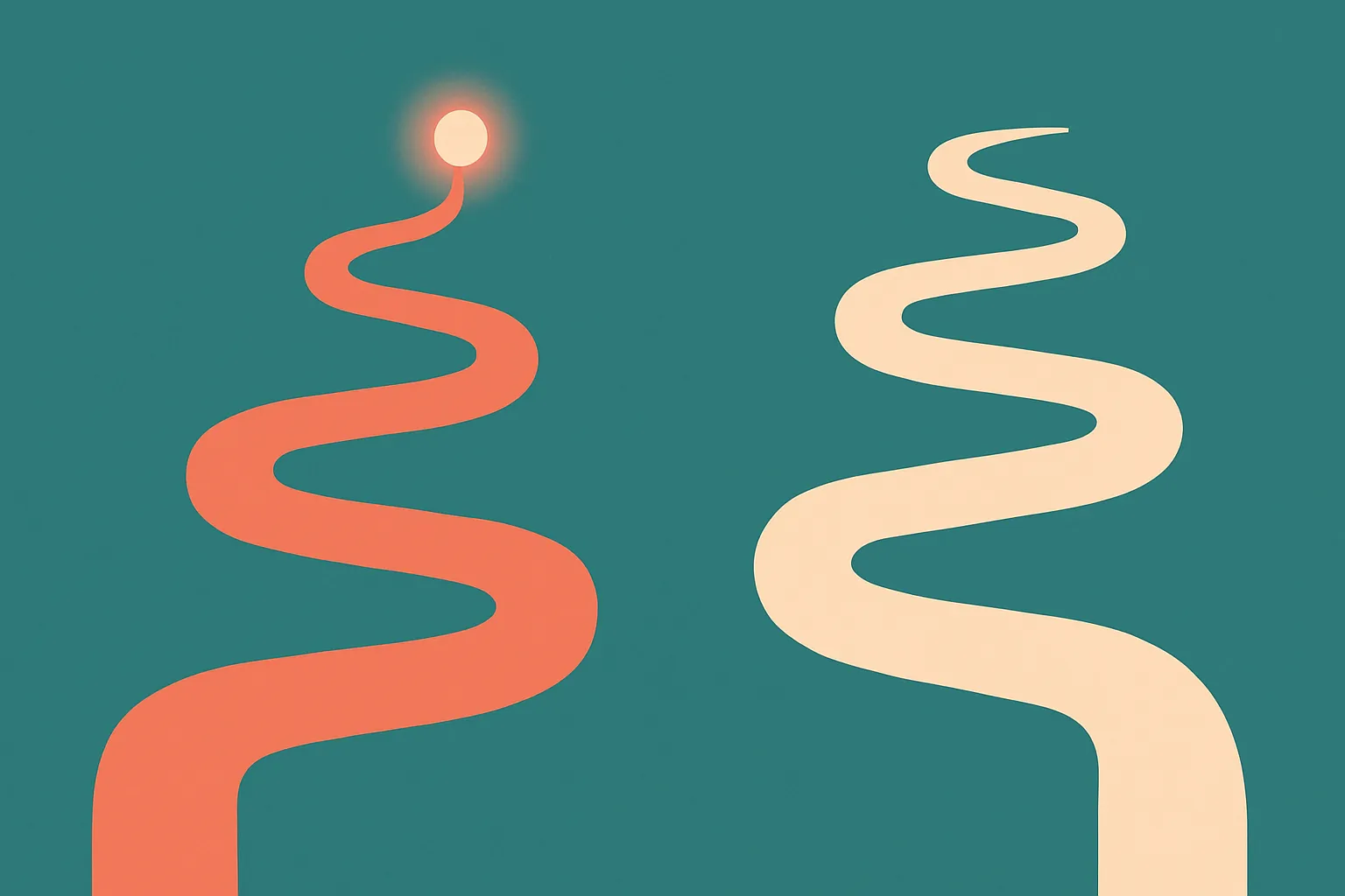 a single point of light at the end of a long winding path, contrasted with the same path lit evenly at every step