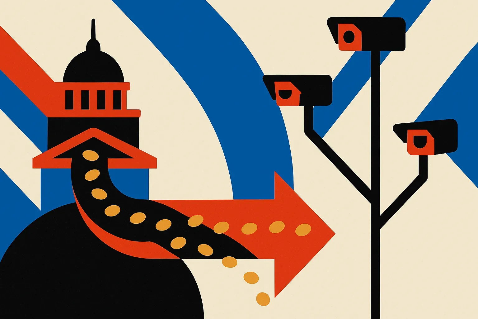 small coins flowing through a statehouse into a branching roadside camera network