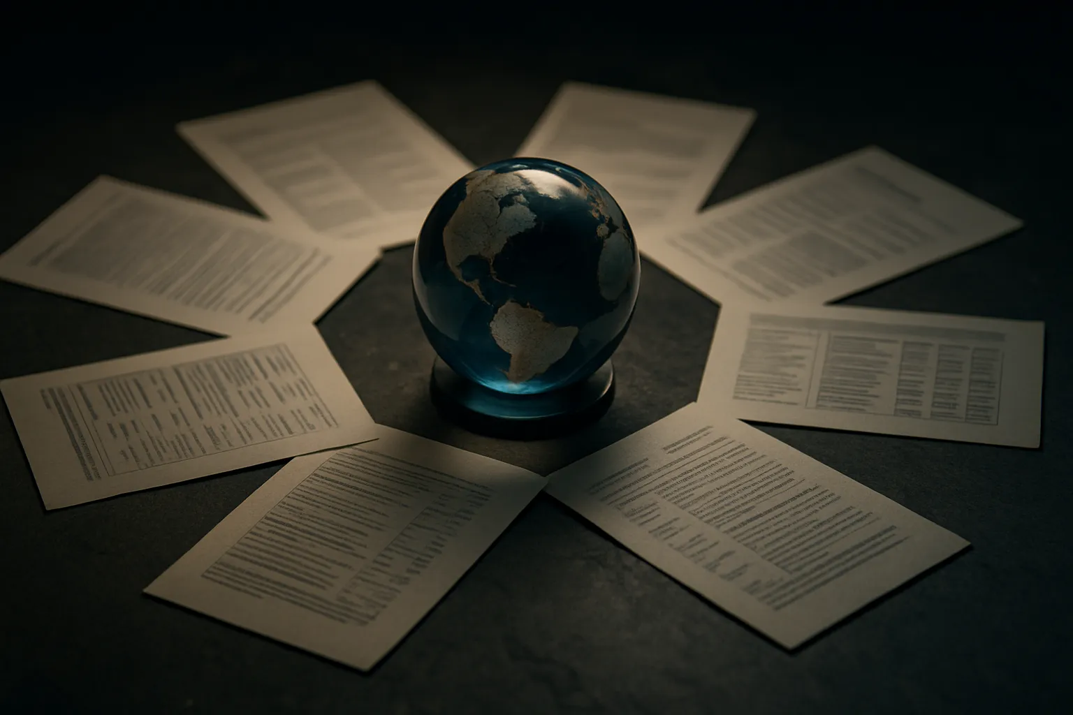 a single coherent world at the center with many documents radiating outward, all consistent with each other