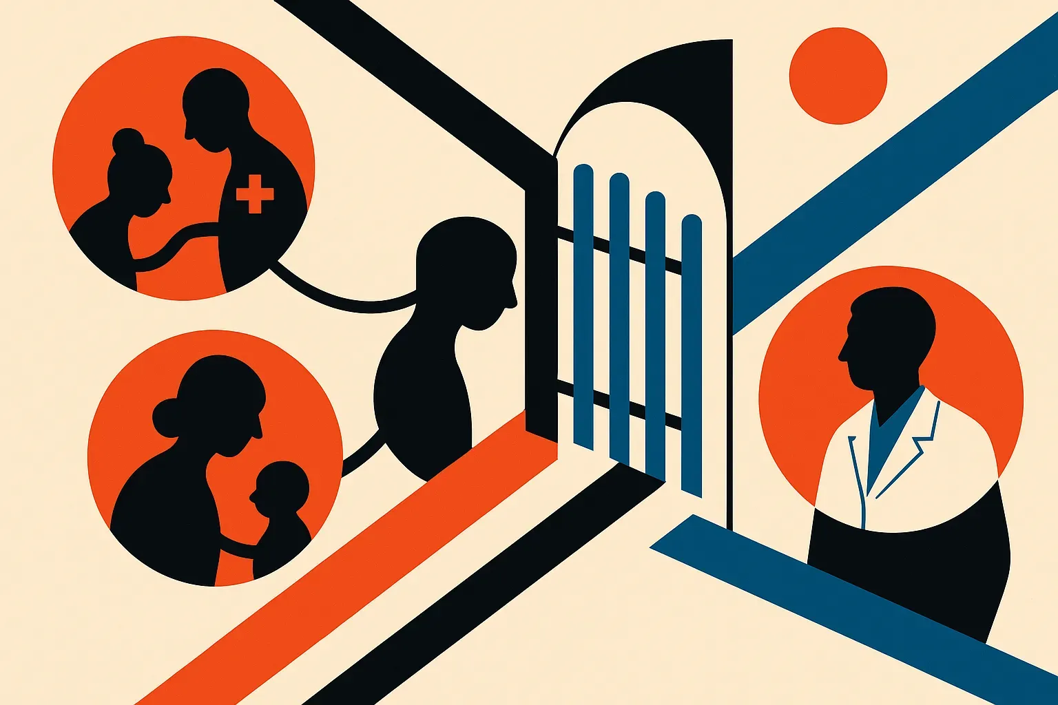 private caregiver reflections passing through a consent gate, with some reflections reaching a clinician space while oth