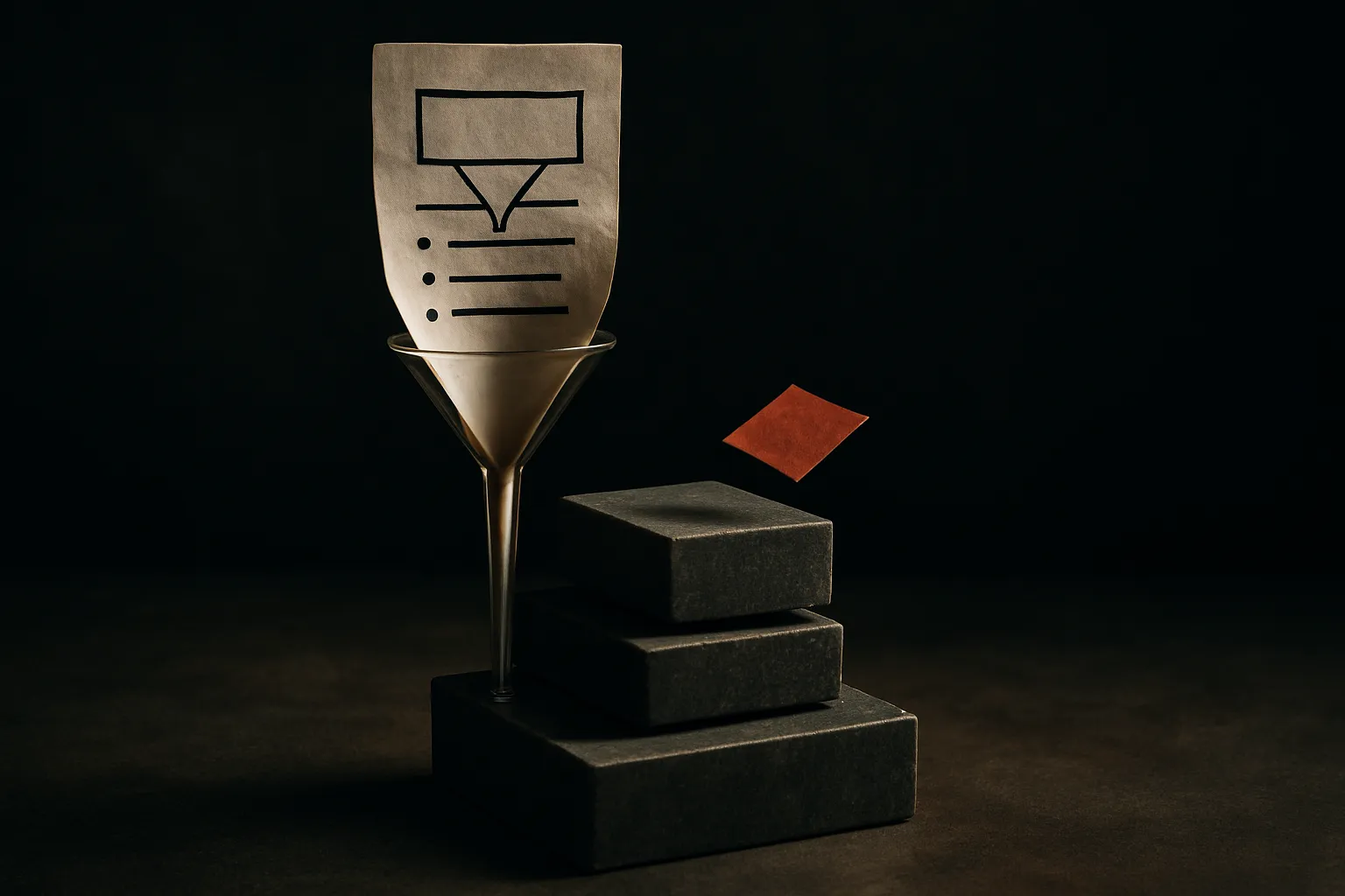an instruction sheet squeezed through a narrow funnel into layered blocks while a small recent snippet bypasses the funn