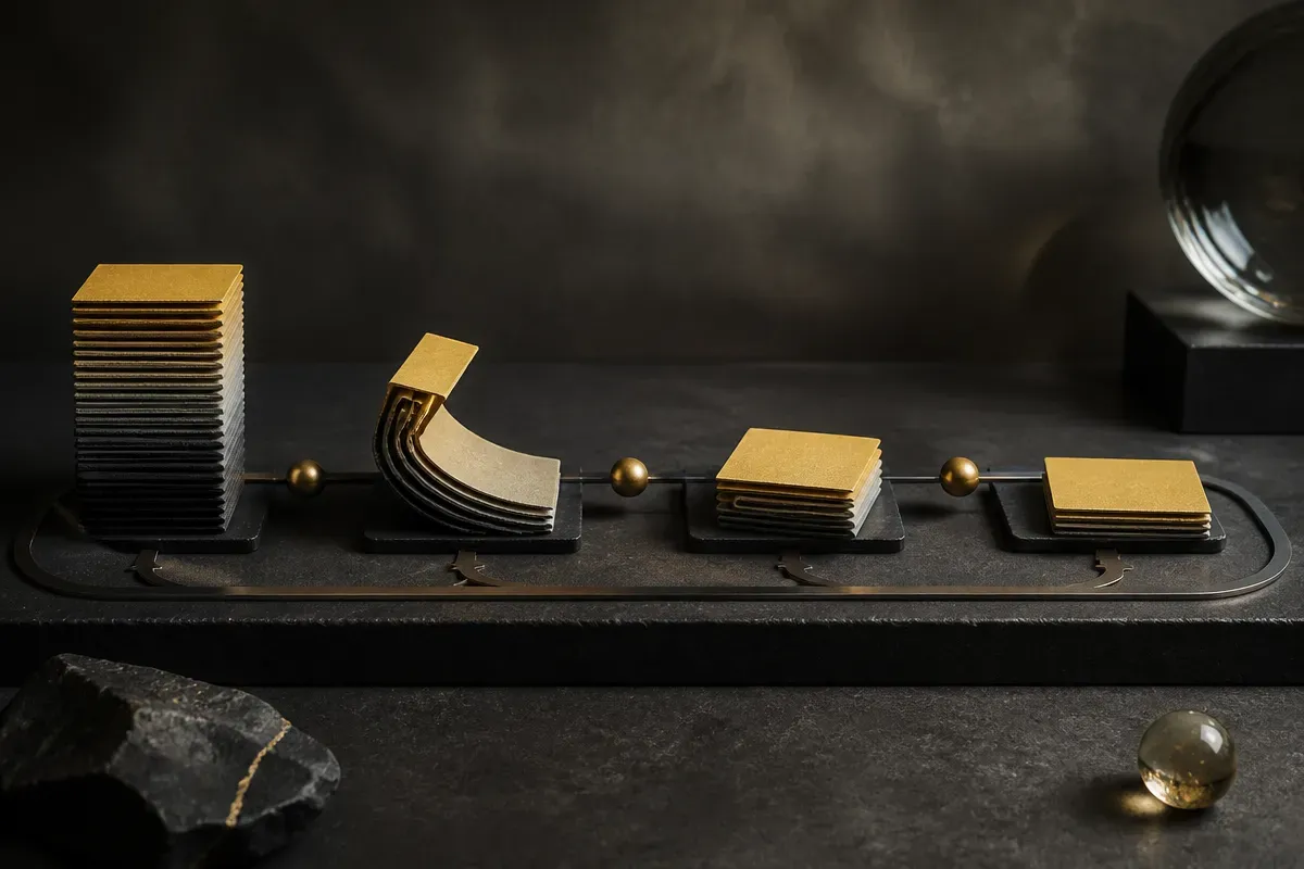 a single stack of layers being folded to become wider and shorter, then run through a loop several times