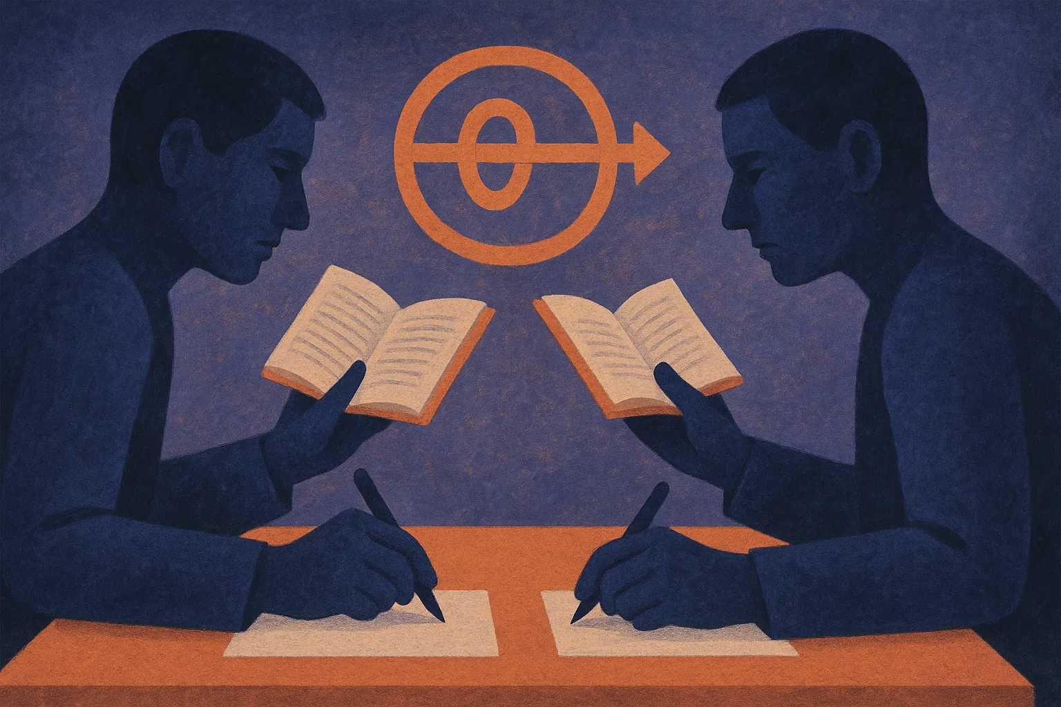two mirrored figures facing each other across a shared problem, each reading the other's work while writing their own, a