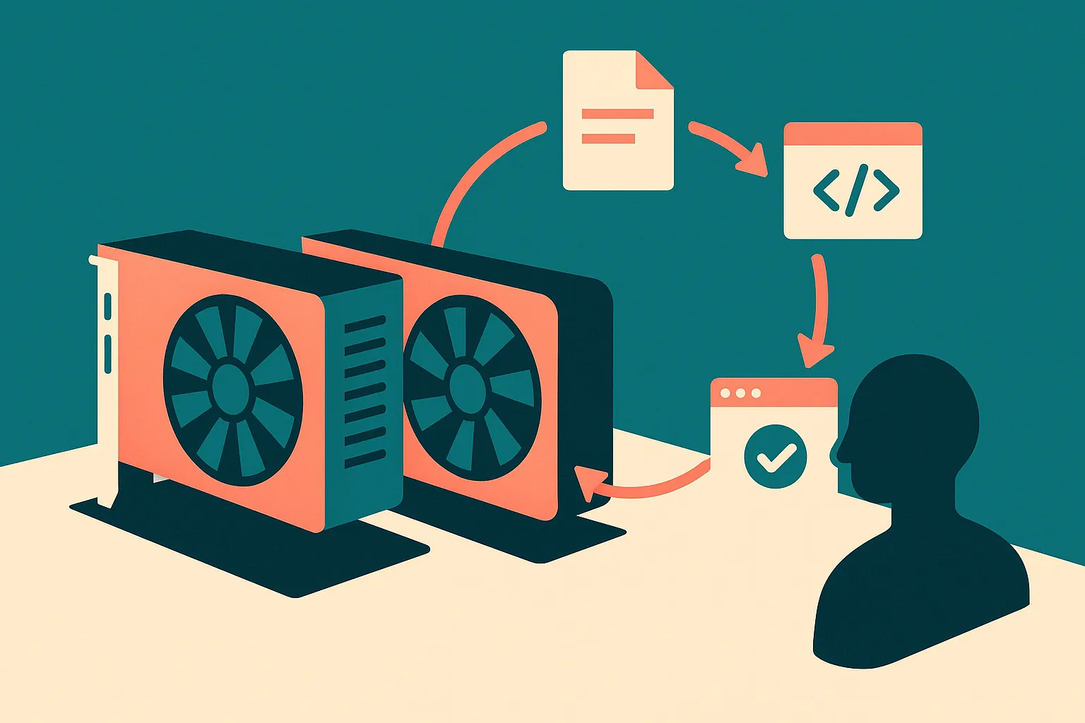 two desktop GPUs feeding a local coding agent loop that reads files, edits code, and runs tests