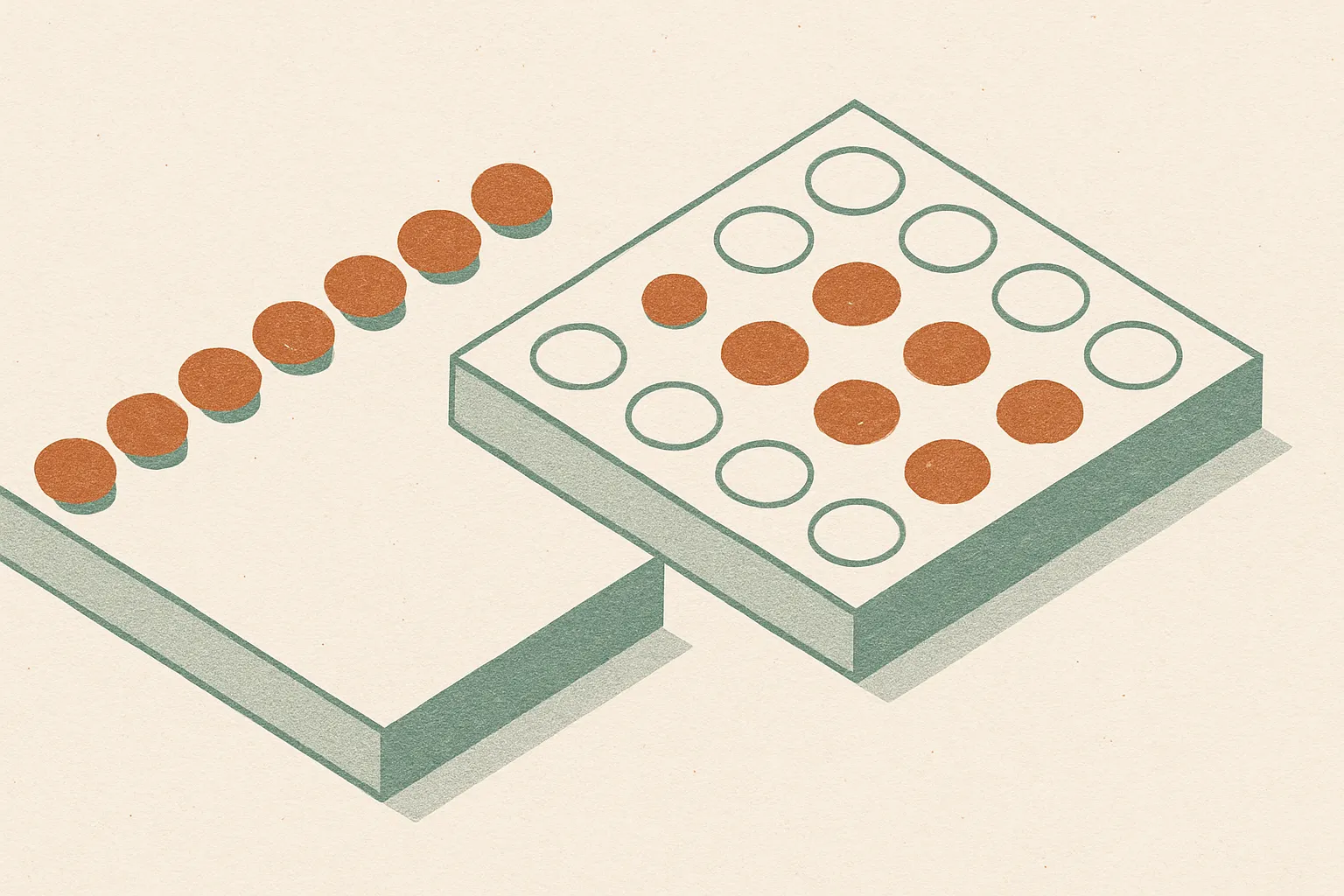 a left-to-right chain of filled circles contrasted with a grid of circles filling in from scattered positions inward