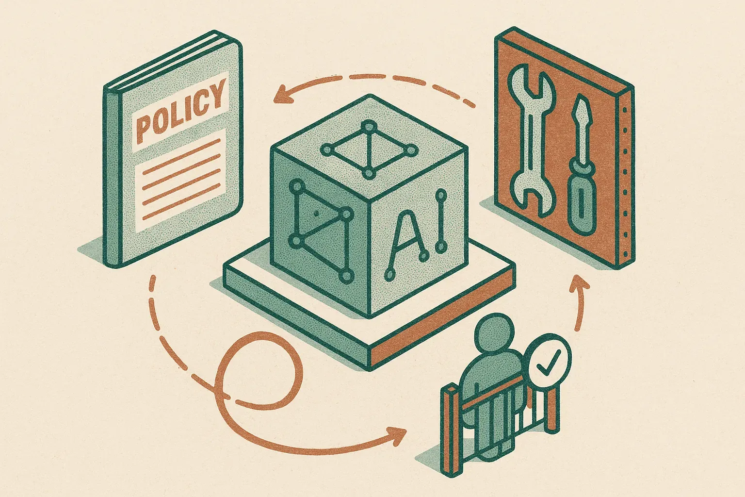 a fixed model core surrounded by a versioned policy notebook, tool rack, critic loop, and human approval gate