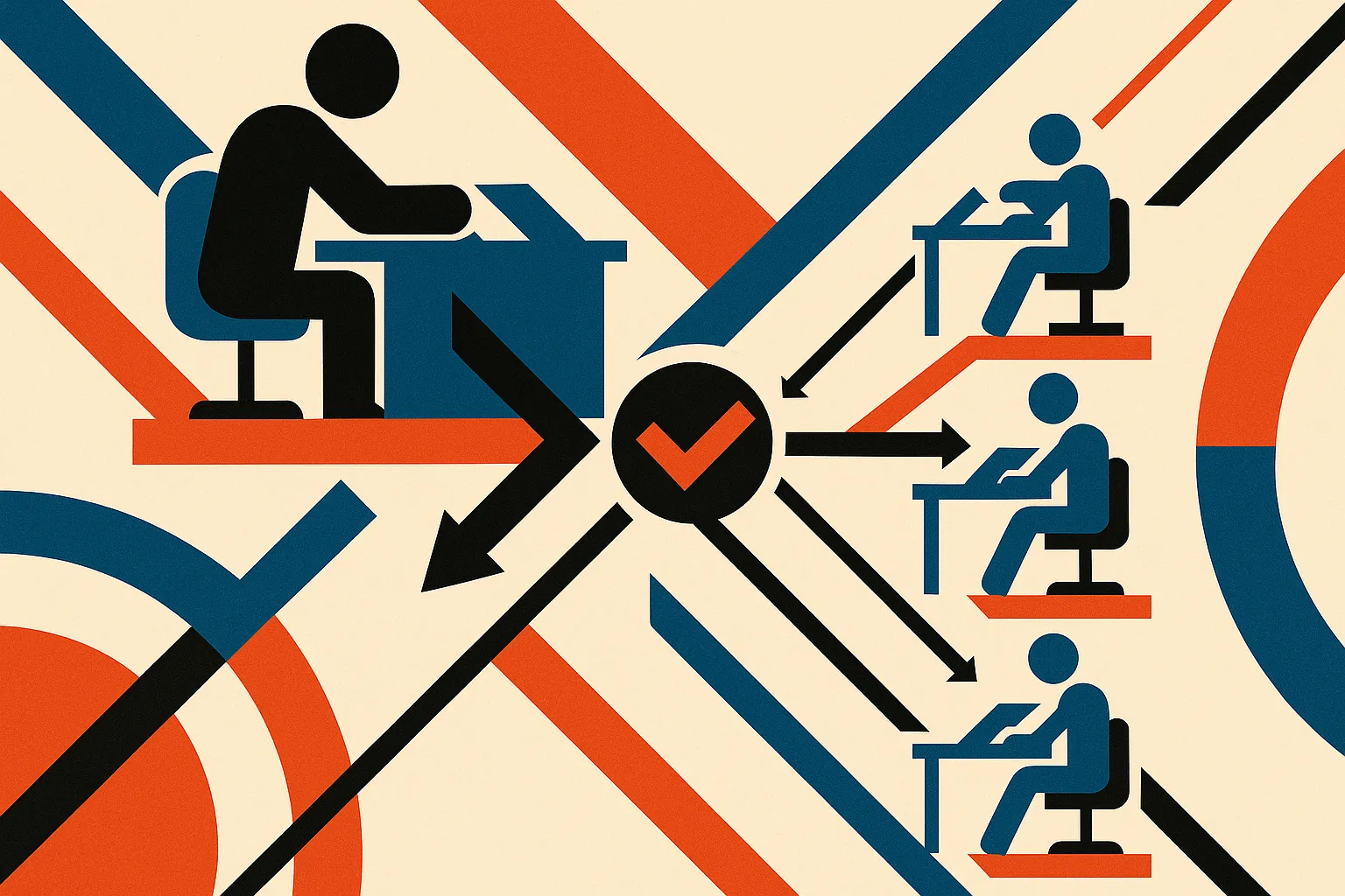 one human desk splitting tasks into several small agent desks, with finished work returning through a single review chec
