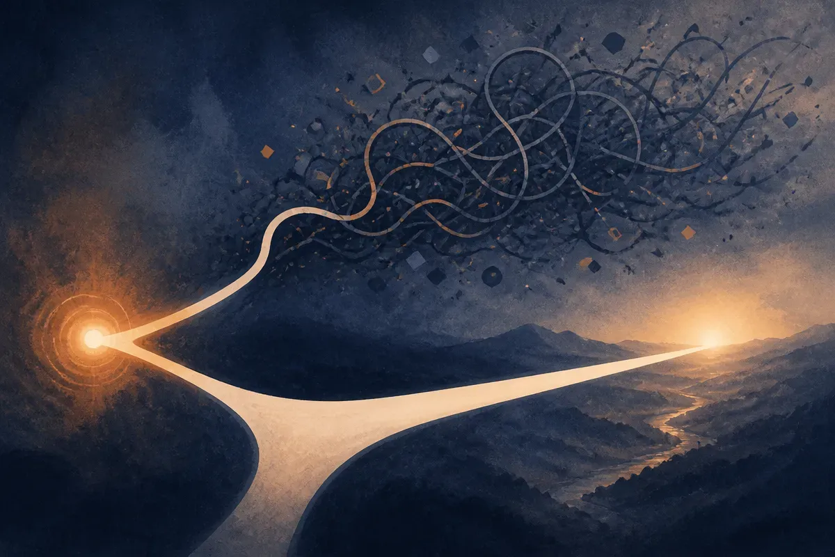 two paths from a single starting point, one branching outward into a noisy tangle, the other pruned clean and pointing f