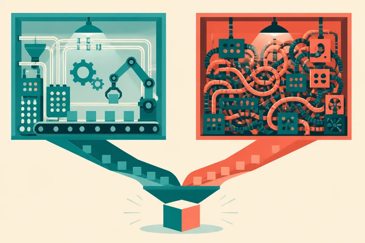 two machinery rooms feeding one product, one orderly and transparent, one tangled and opaque