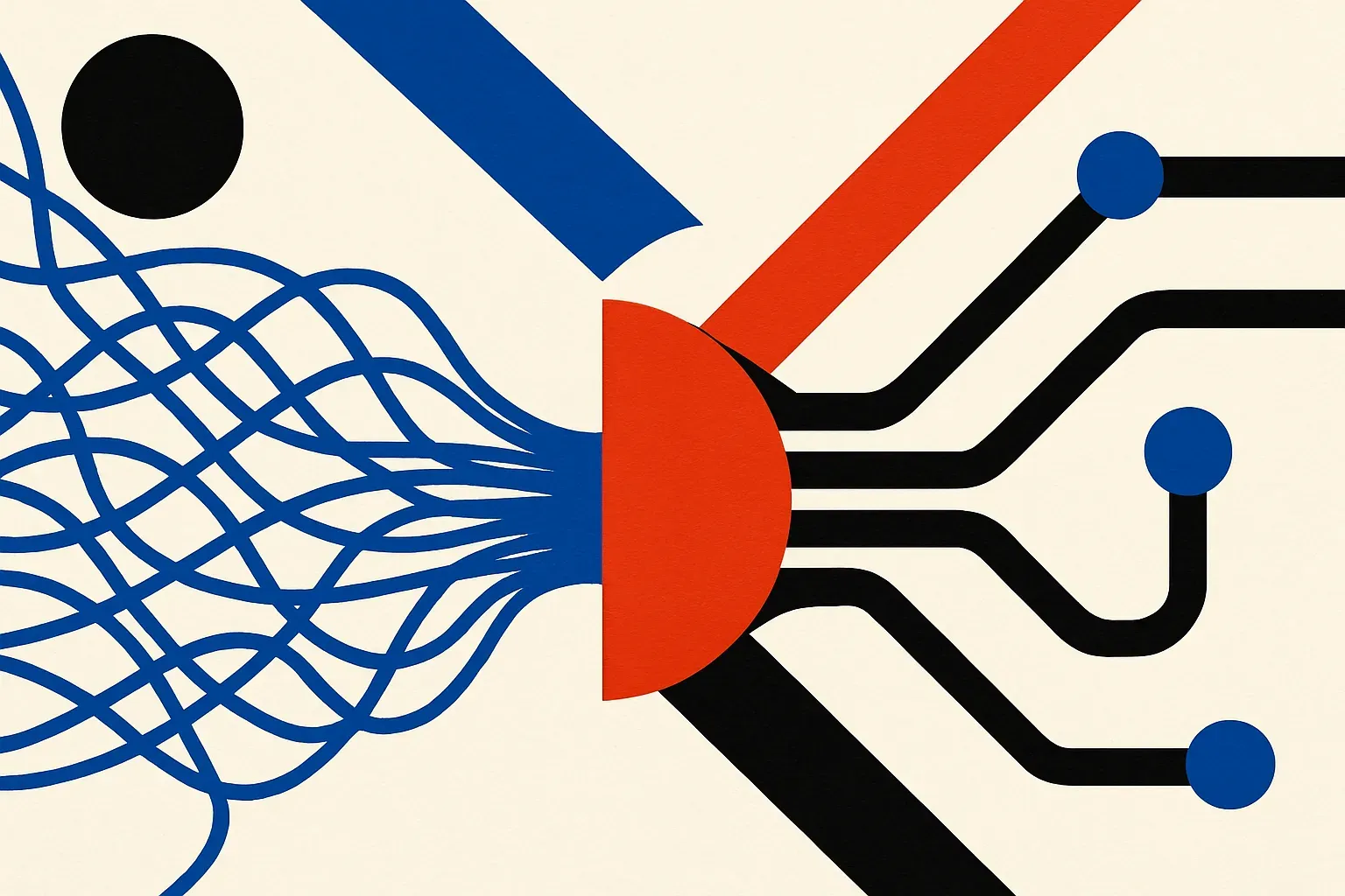 many tangled parameter threads narrowing into a small curved surface, then branching into two distinct circuit paths