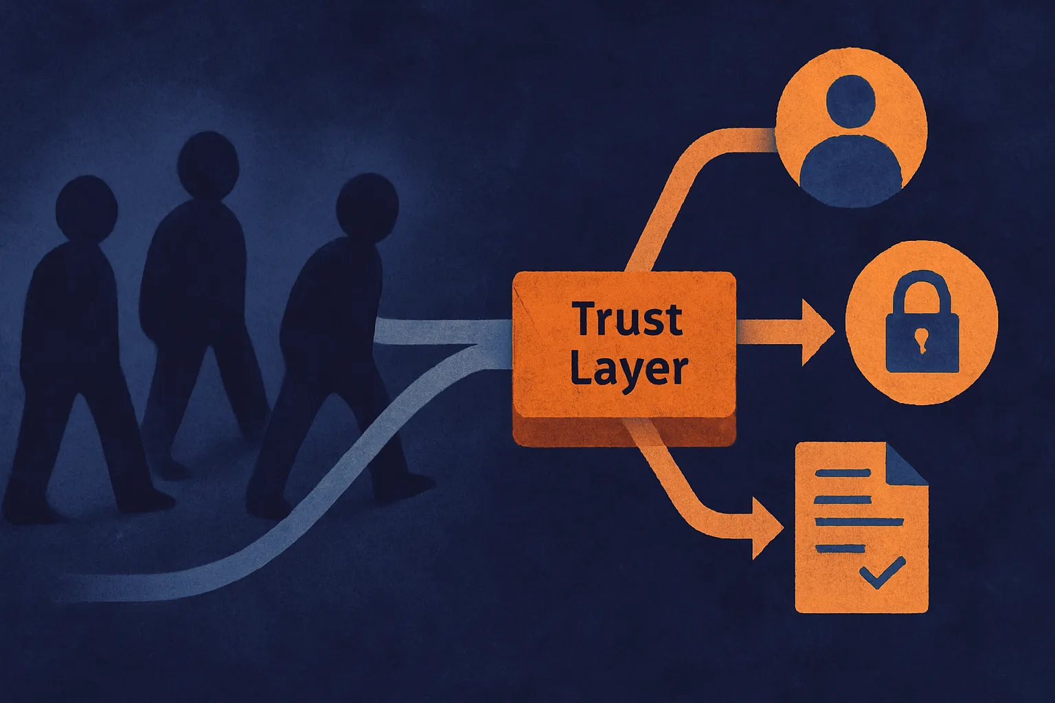 three agent shapes approaching a shared trust layer, with one path splitting into identity, permission, and audit trails