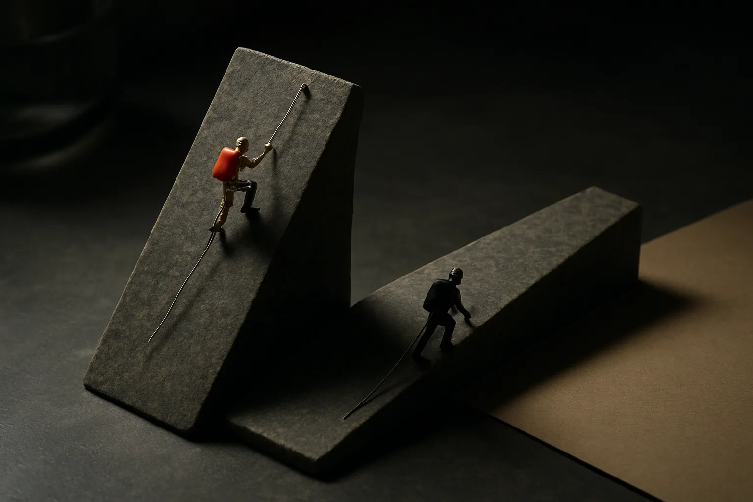 two climbers on parallel slopes, one starting higher and ascending a steeper grade, the other starting lower on a gentle