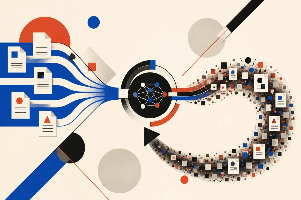 clean human documents flowing into a model while mixed AI web documents create a loop that curls back and muddies the st