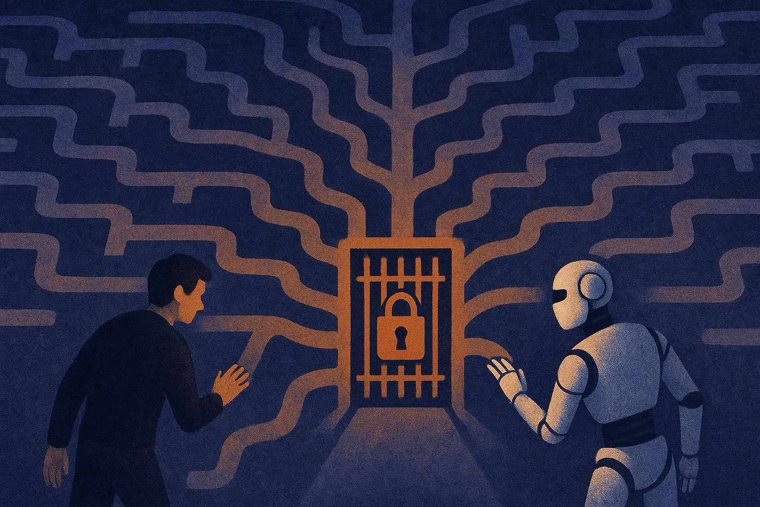 a branching maze of possible proof paths narrowing into a single locked gate, with a human and machine working on opposi
