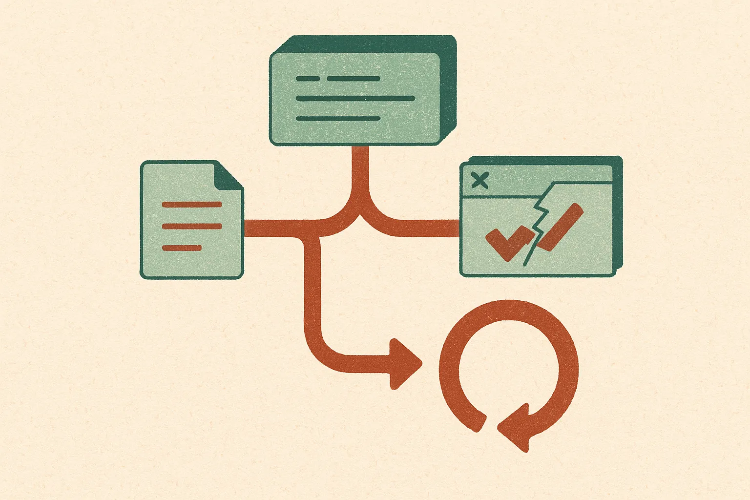 a software repository shown as a branching path where a code change splits into two synchronized test paths, one path cr