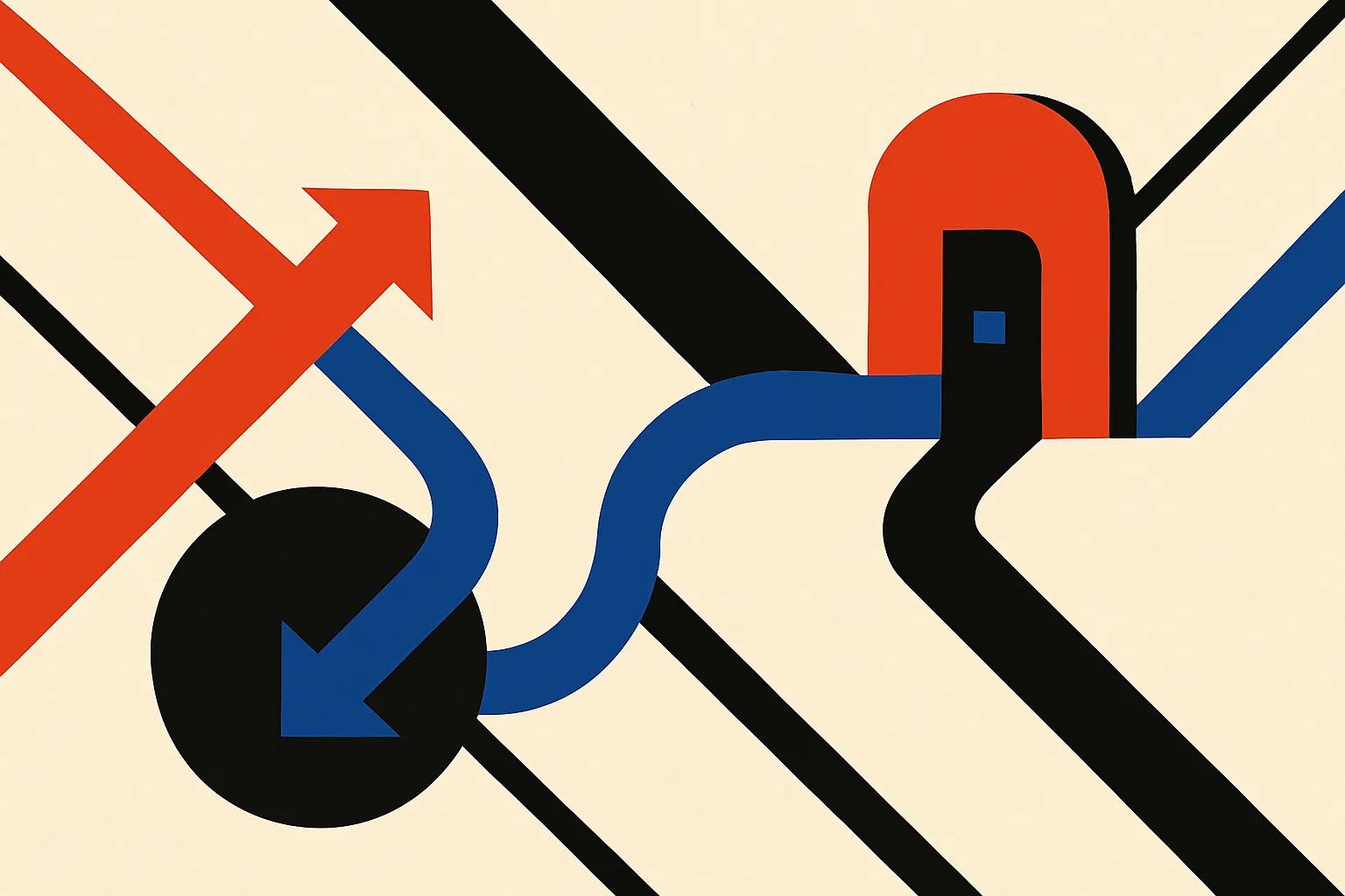 user intent splitting between two domain paths, then reconnecting into one product doorway