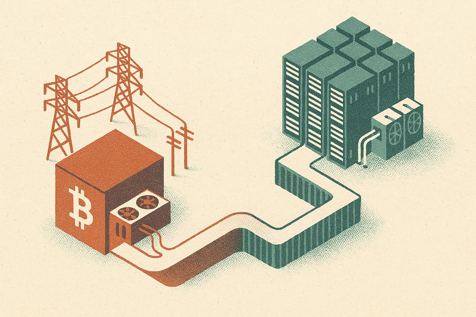 an industrial bitcoin mining site gradually transforming into a dense AI data center, with power lines, cooling systems,
