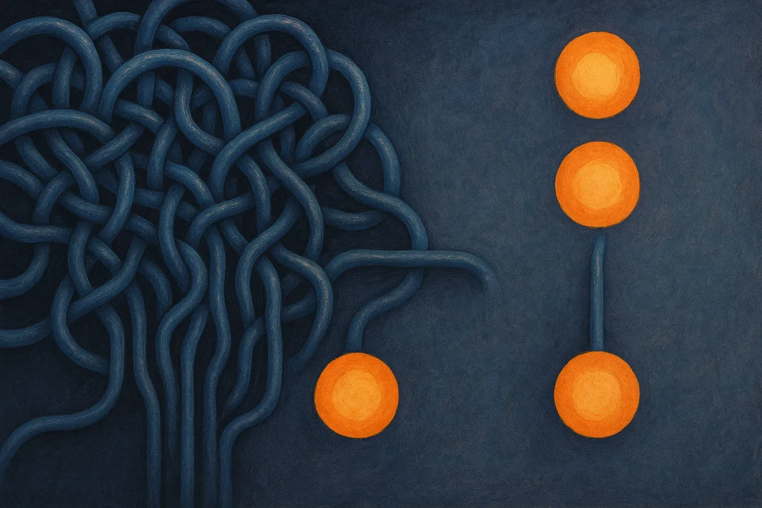 a dense cluster of tangled pipes feeding several model endpoints beside a single narrow pipe feeding the same endpoints