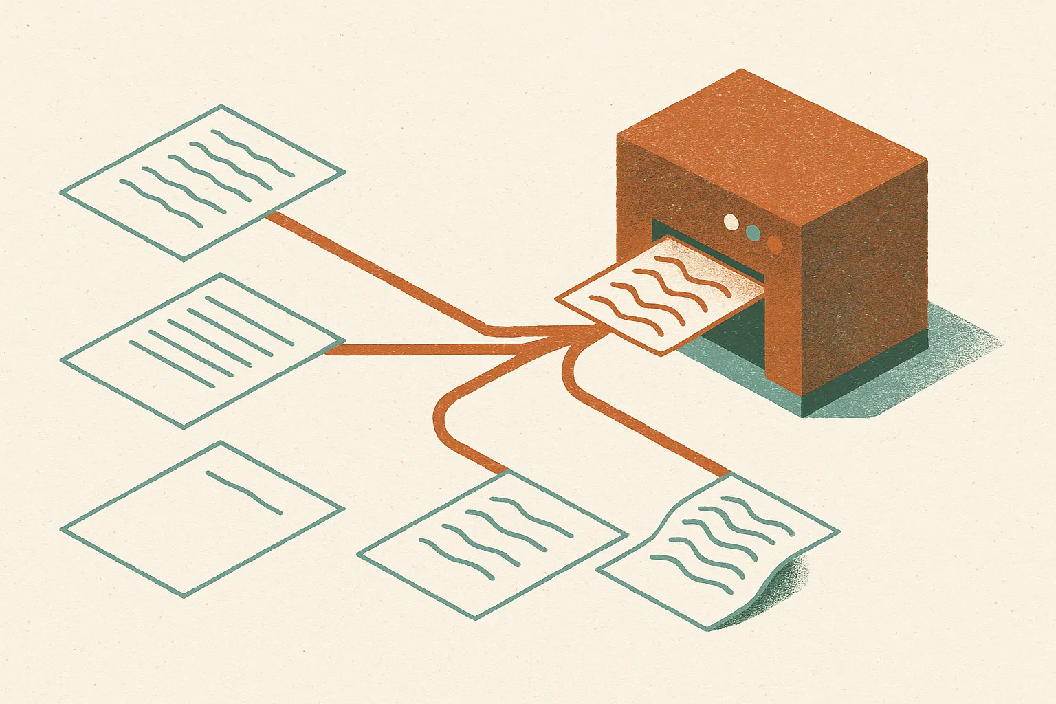 a single source document branching into four parallel copies, one untouched and three passing through a machine that res