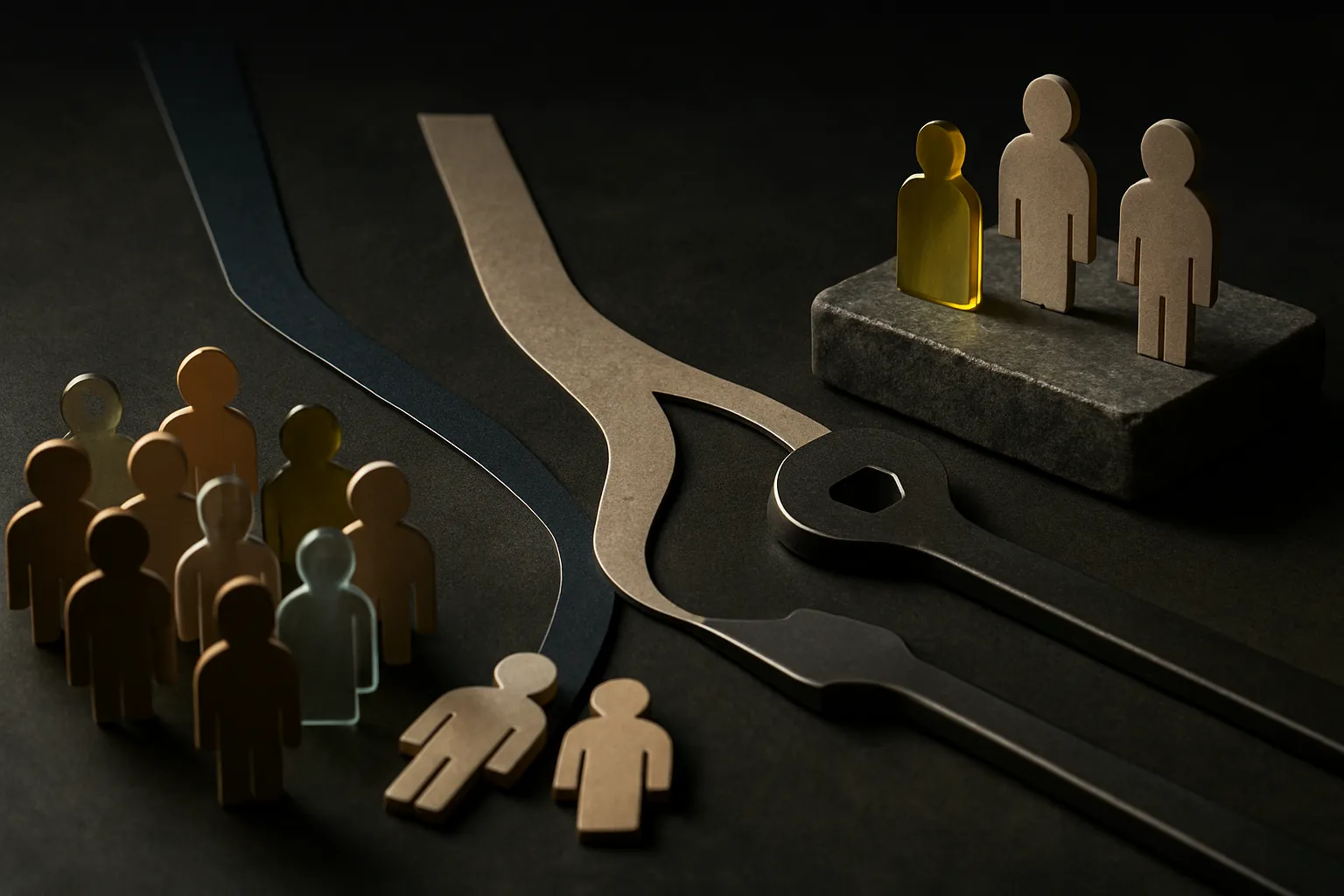 a cluster of varied worker shapes flowing into three different paths, one narrowing, one widening, and one twisting thro