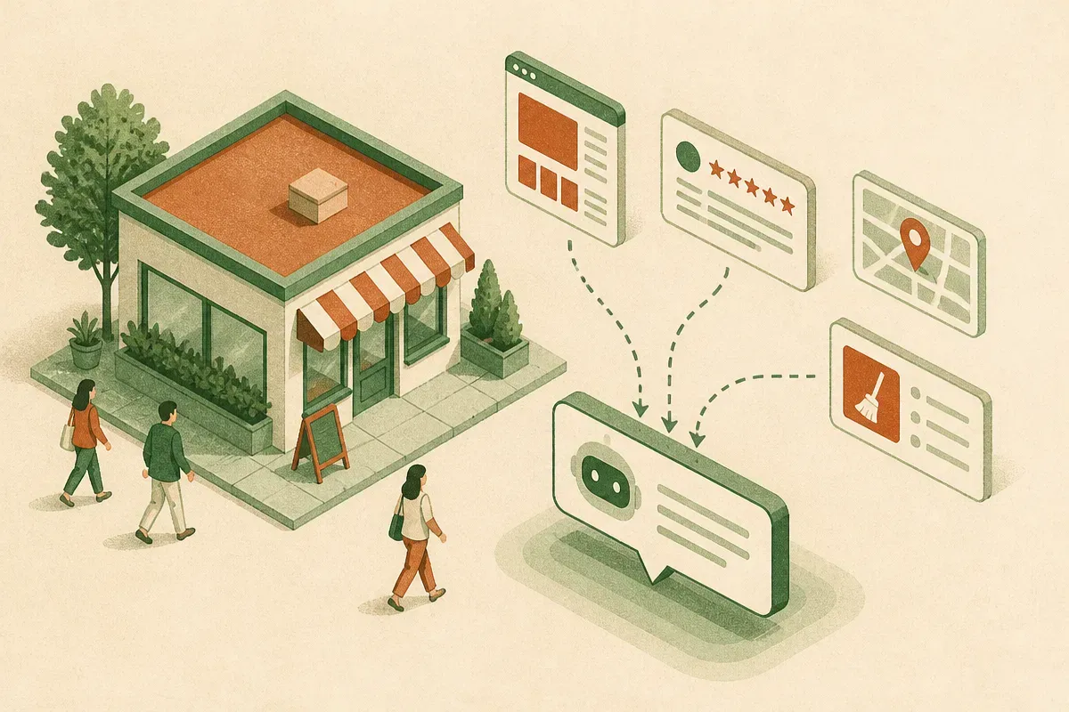 a storefront sending clean signals from its website, reviews, listings, and service pages into a single assistant-style 