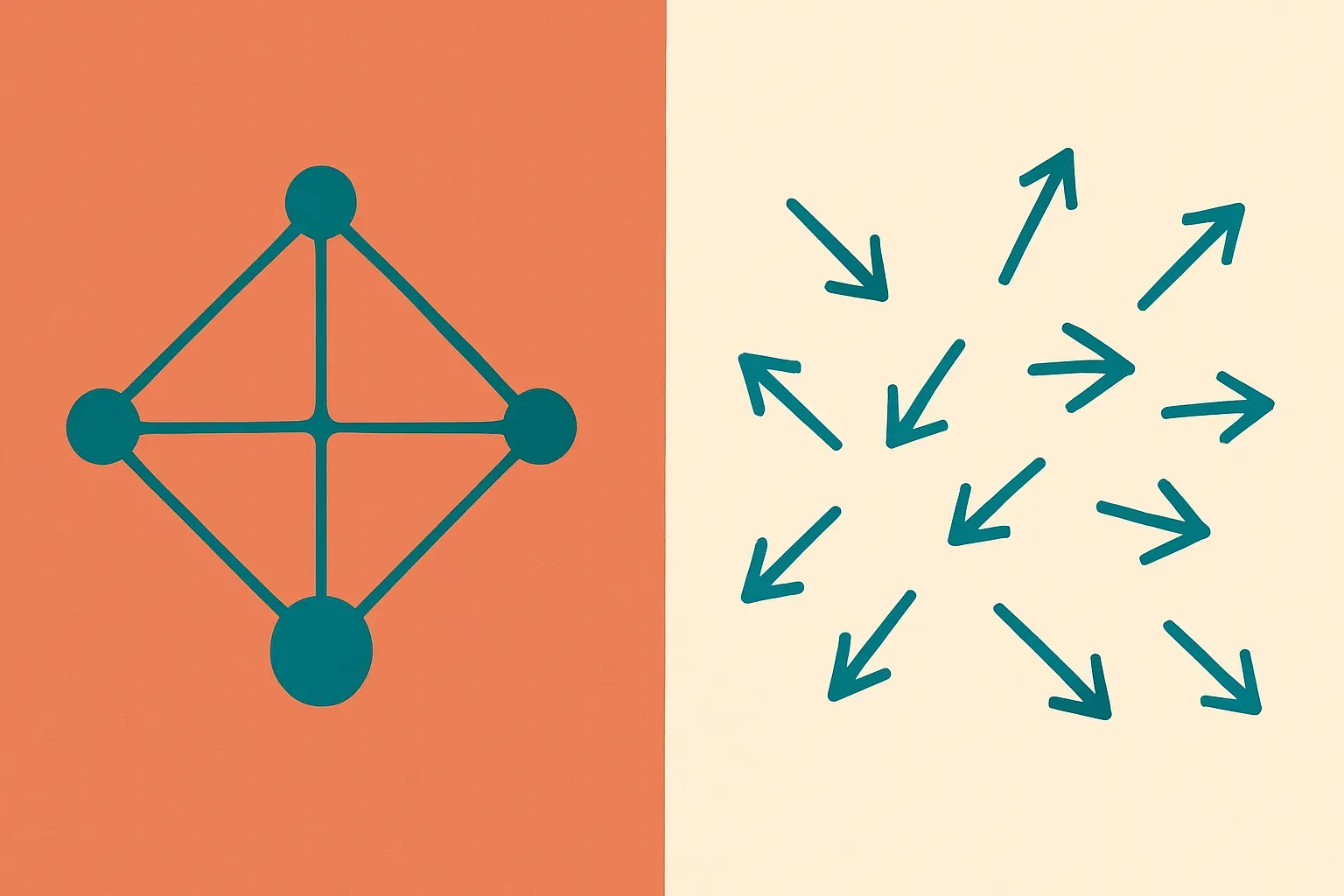 a single labeled point inside a network on the left, and on the right a scattered cloud of arrows pointing in many diffe