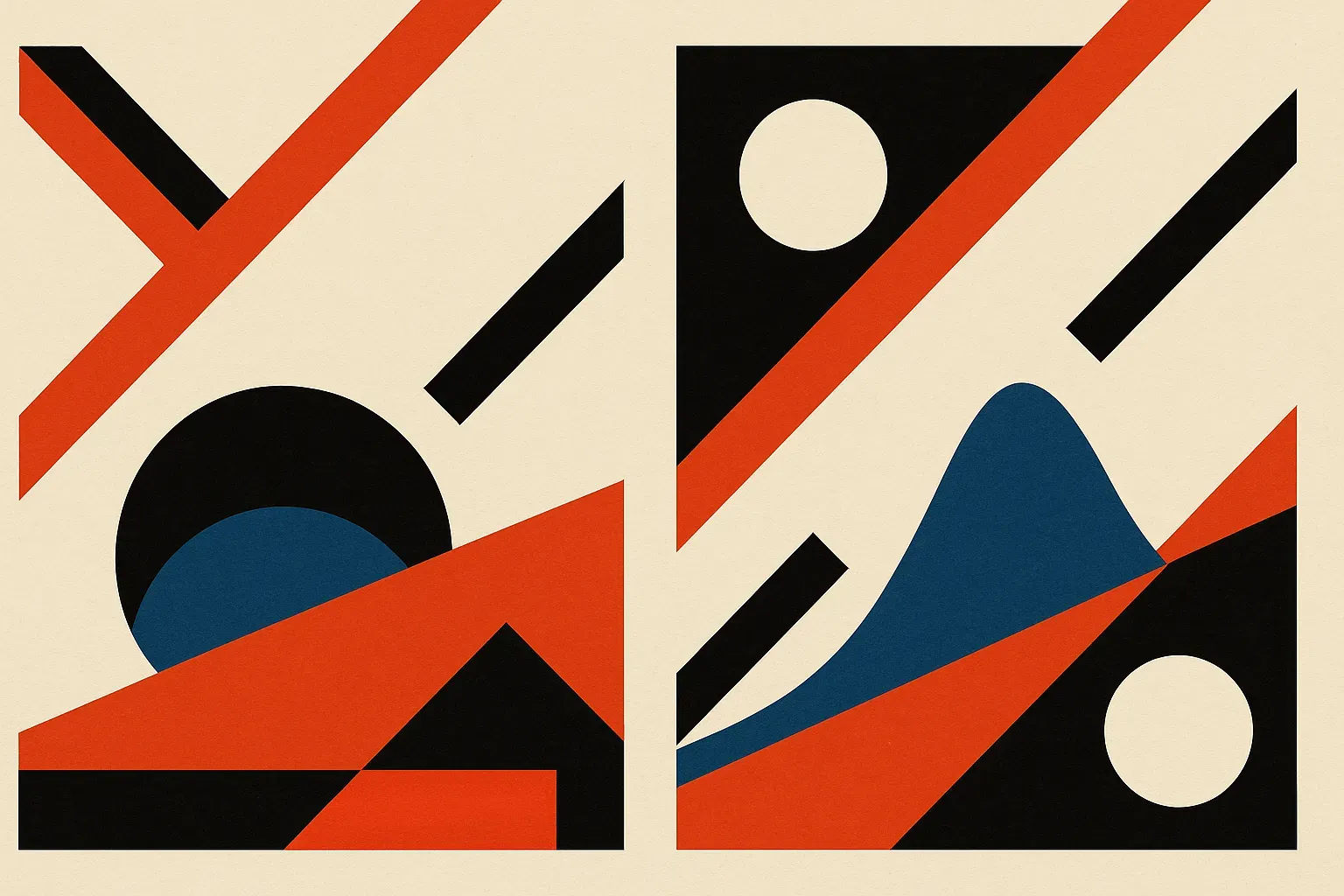 two probability landscapes side by side, one flat and even, one gently tilted so a small hidden peak rises to the front