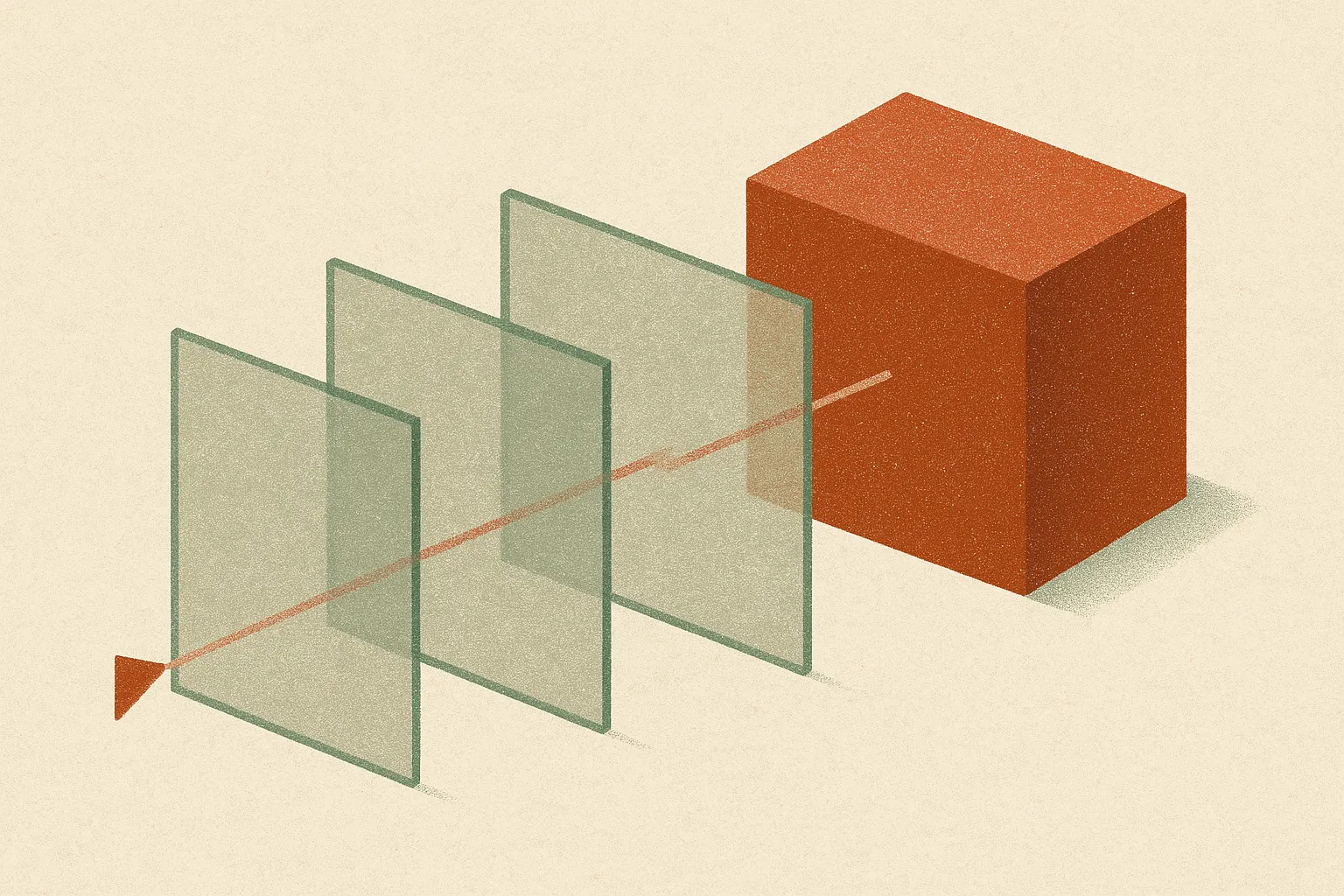 a tiny signal passing through several increasingly large translucent filters before becoming a large solid object