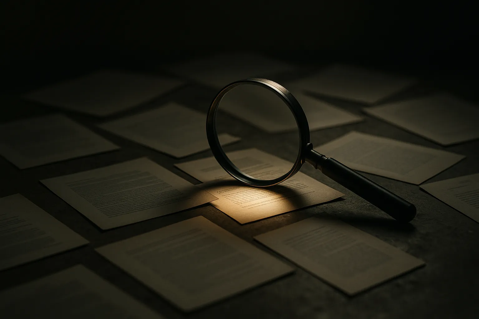 a magnifying glass hovering over a scattered pile of documents, one small cluster glowing brighter than the rest