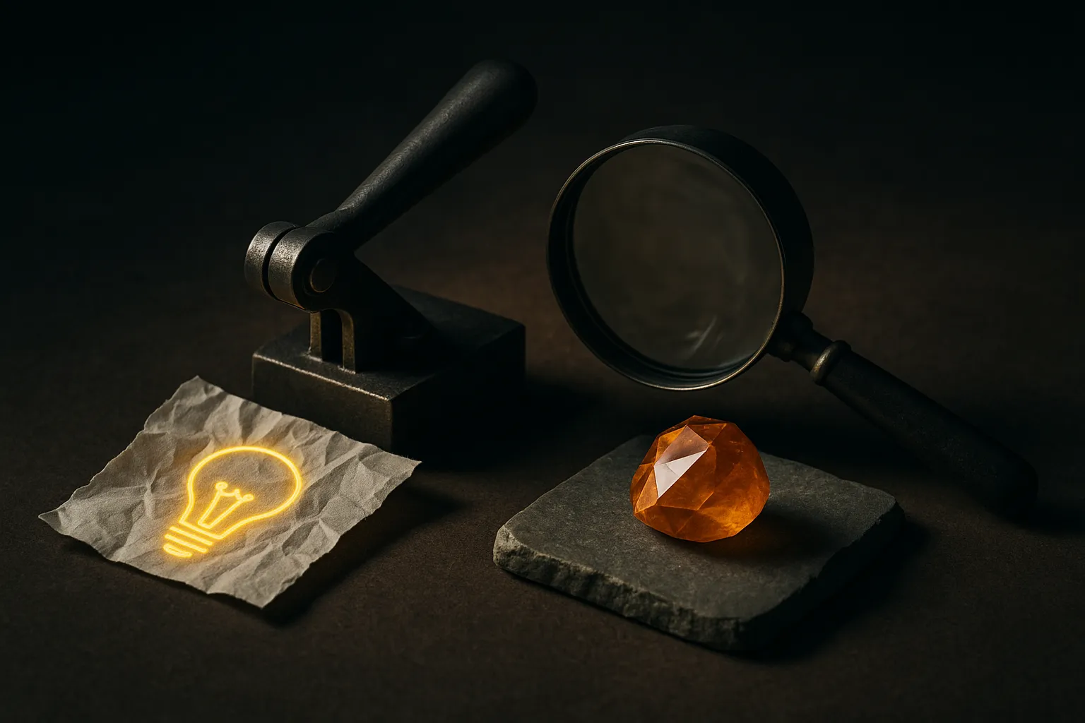 a rough research idea moving through a mechanical proof gate, then past a human magnifying glass, before becoming a poli