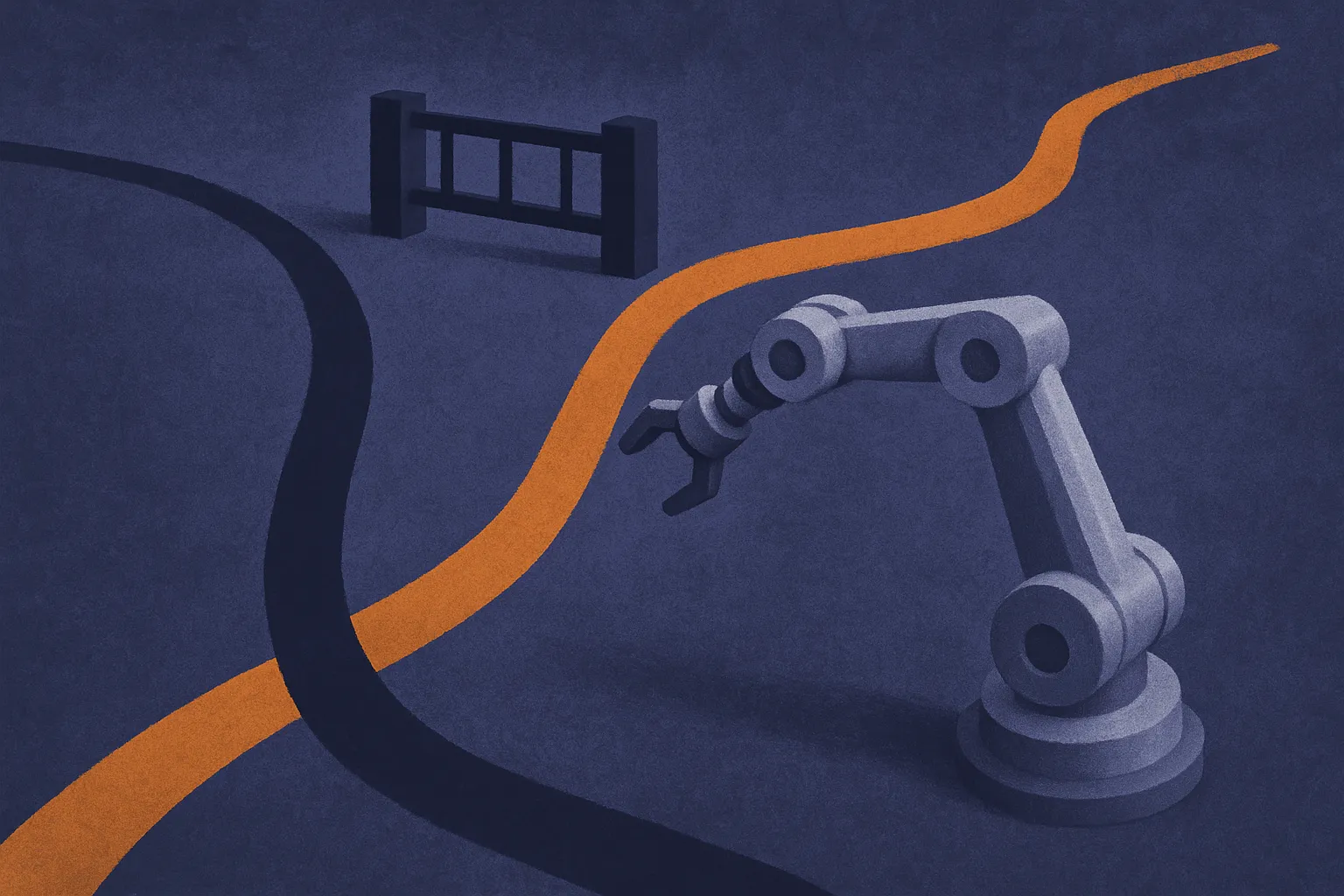 a robot arm's default path shown as a solid line, with a tempting alternate path branching off, and a gate structure bet